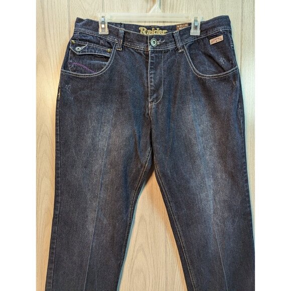 Raider Jeans Ar48 Mens 38x32 Baggy Wide Leg Embroidered Denim Blue Grunge Y2K - Picture 2 of 11
